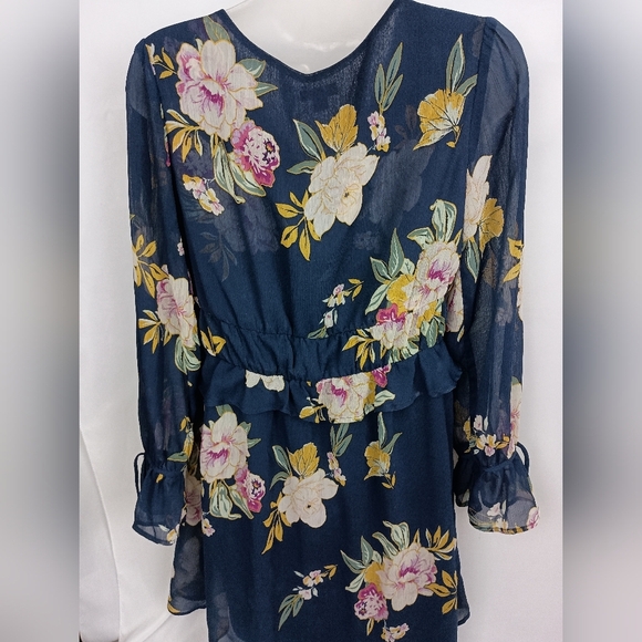 Y2K Sheer Boho party‎ Barbiecore XS Romantic Fairy Floral Navy Blue Summer Dress - Picture 8 of 11